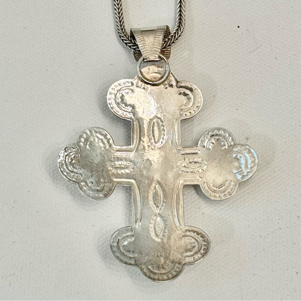 Vintage Sterling Silver Mexico Inlay Cross Necklace - Picture 2 of 3